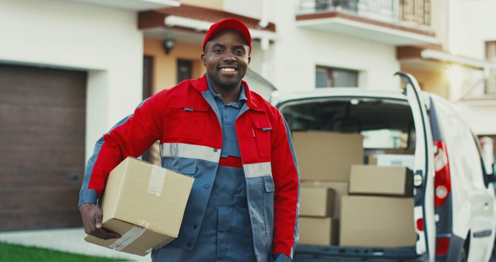 delivery man wearing red blue and white jacket holding package and smiling