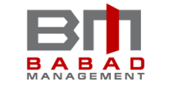grey and red babad management logo