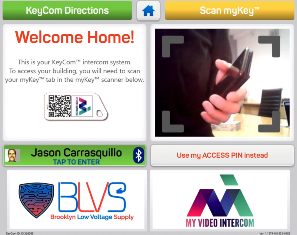 mvi app interface with keycom directions, scan mykey, profile, and access pin